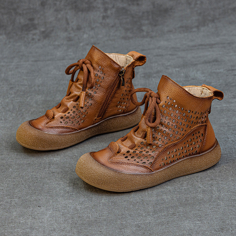 Women's Layer Cowhide Hollow Flat Soft Bottom Boots