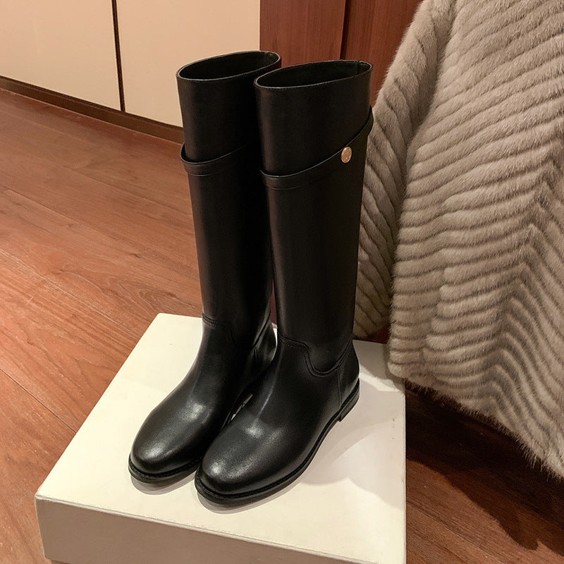 Su Korean Drama Female Owner Genuine Small Golden Button Thigh Women's Leather Boots