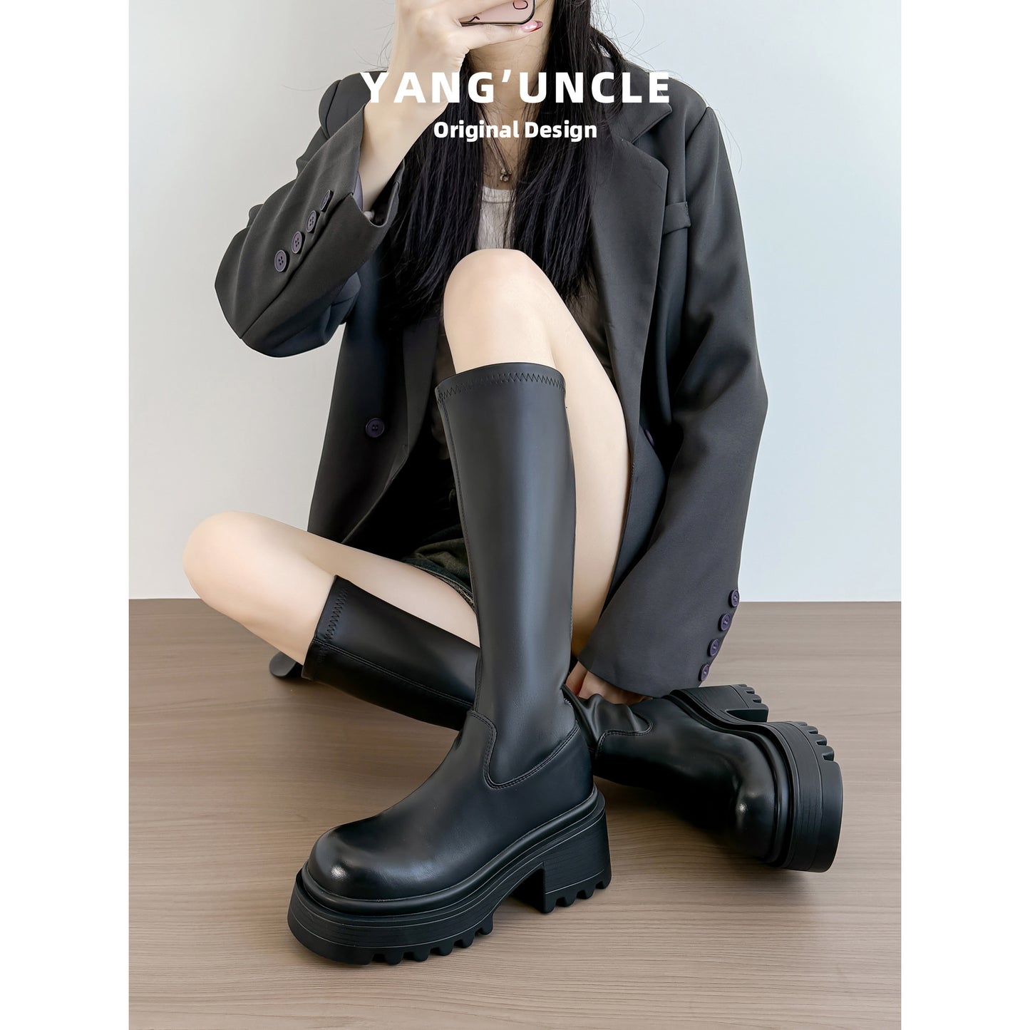 Double Tube Circumference Large Size Thick Bottom Height Increasing Insole Women's Leather Boots