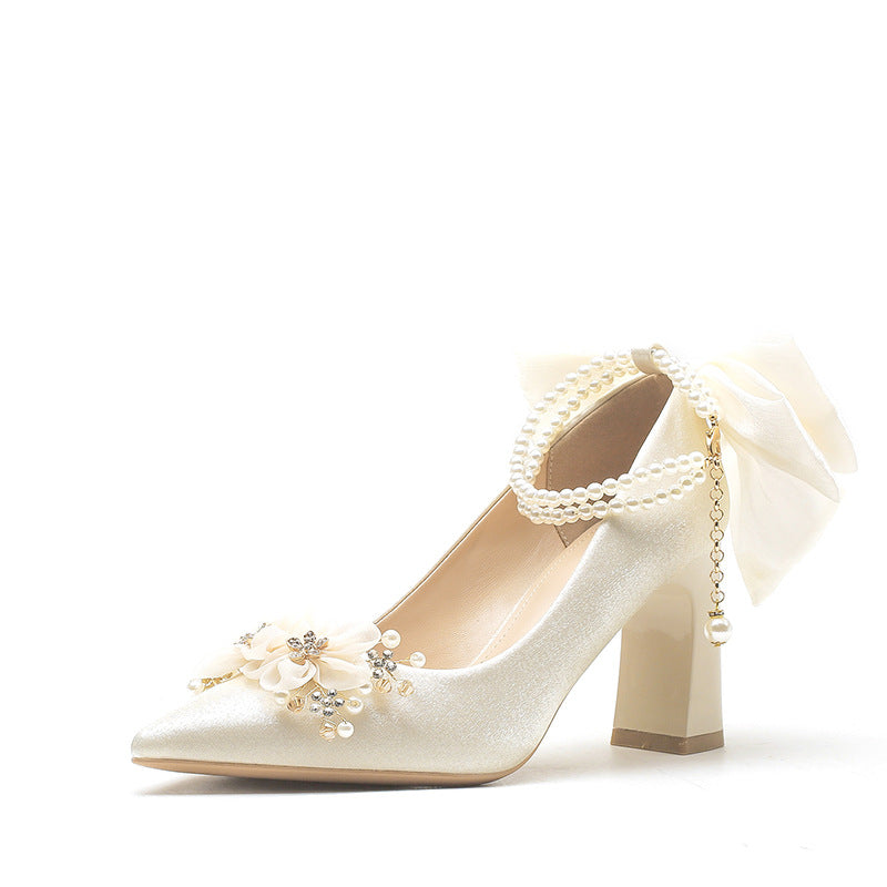 Women's Pointed High Thick Bowknot Wedding With Strap Pearl Grace Women's Fashion Shoes