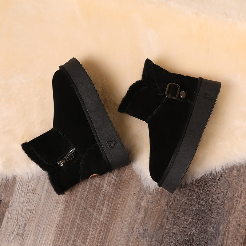 Women's Wool Muffin Short Heightening Thickening Fleece-lined Snow Boots