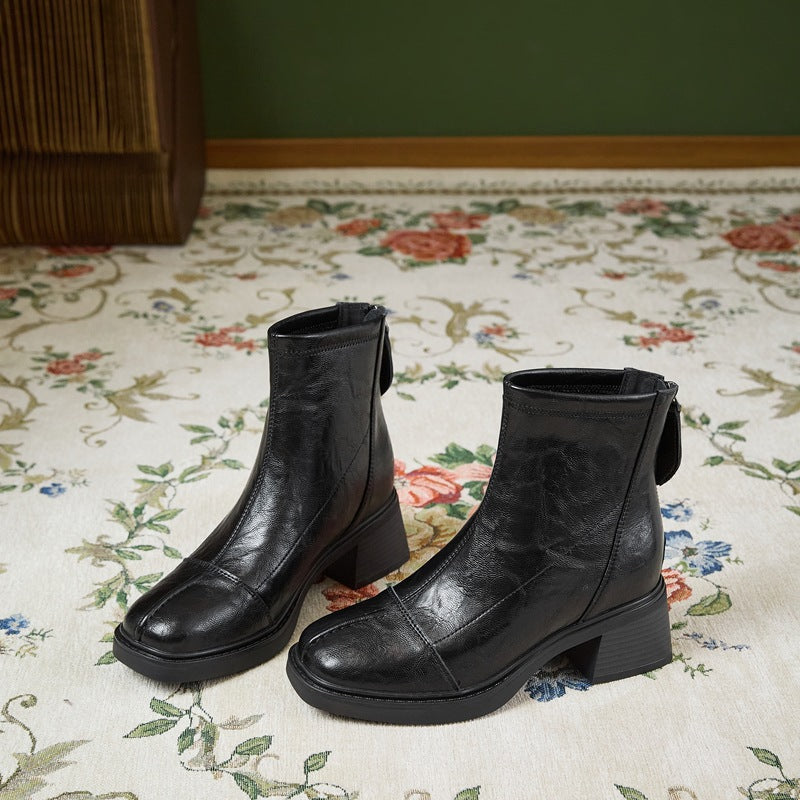 Women's Height Increasing Insole Square Toe Chunky Short Fleece-lined British Style Women's Leather Boots