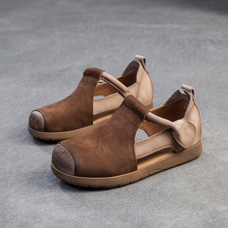 Women's Layer Cowhide Velcro Pig Nose Hollow Flat Sandals