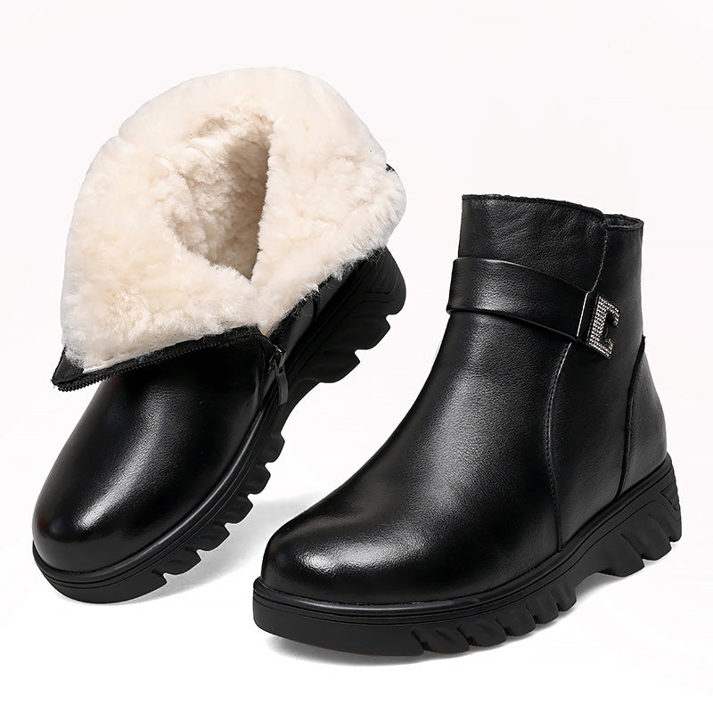 Women's Thick Top Layer Cowhide Veet Short Snow Boots