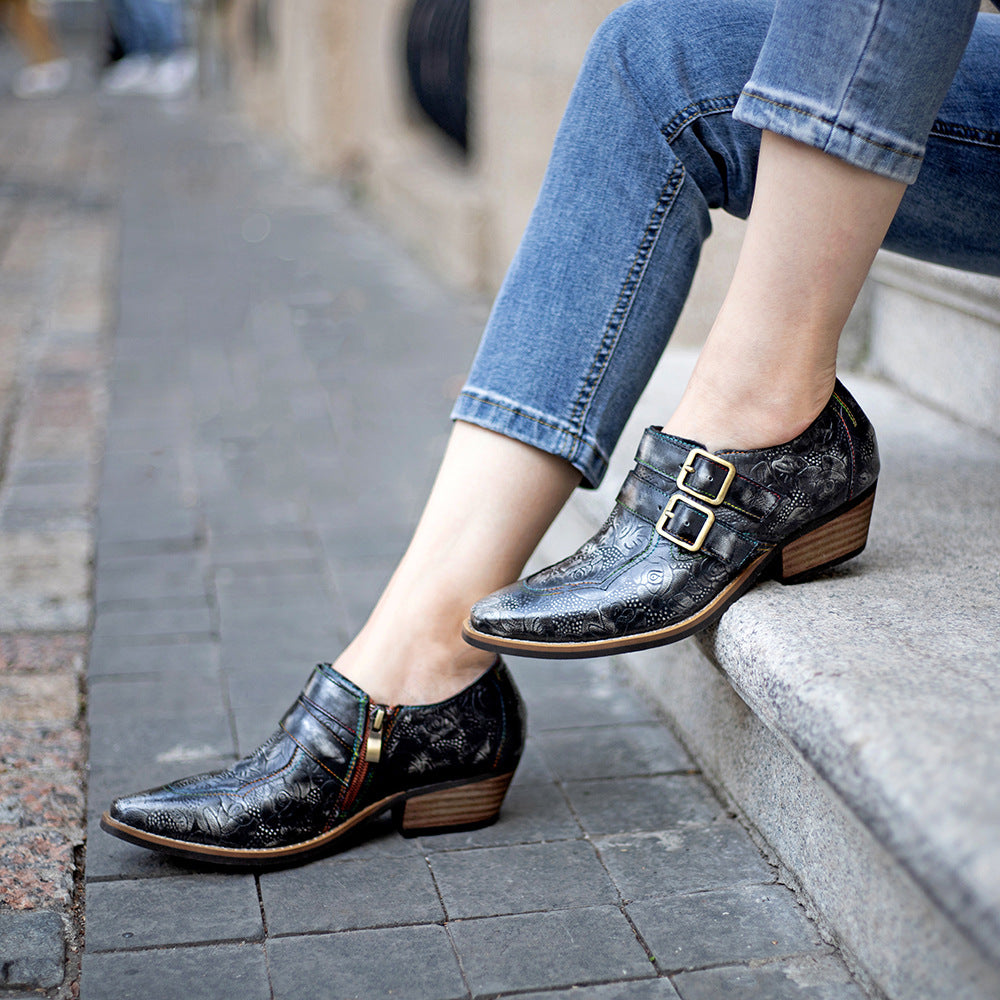 Women's Genuine Retro British Style Dark Flower Women's Shoes