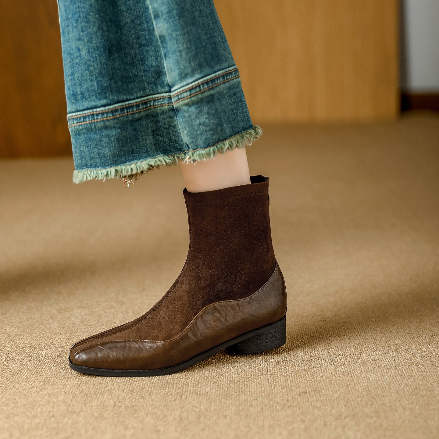 Women's Suede Stitching Chunky Ankle Soft Back Zipper Commute Slimming Boots