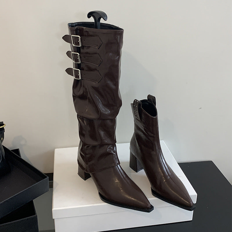 Women's Two-way Retro Hot Style High Long Thick Pleated Women's Leather Boots