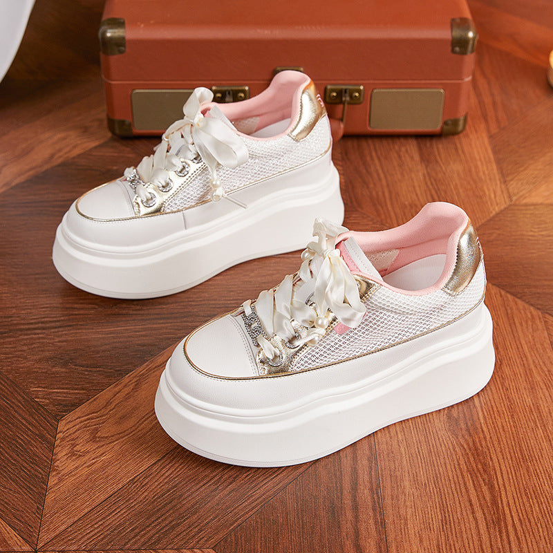Women's Platform White Summer Height Increasing Insole Fashion Muffin Hollow Sneakers