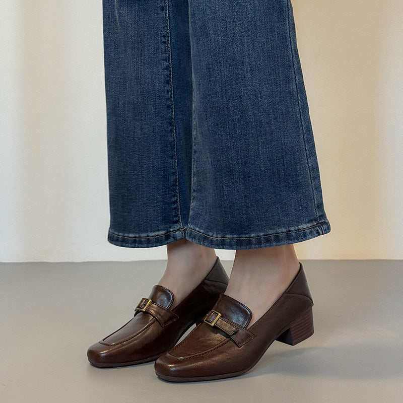 Women's Cowhide Square Toe Commuter Chunky French Pumps Loafers