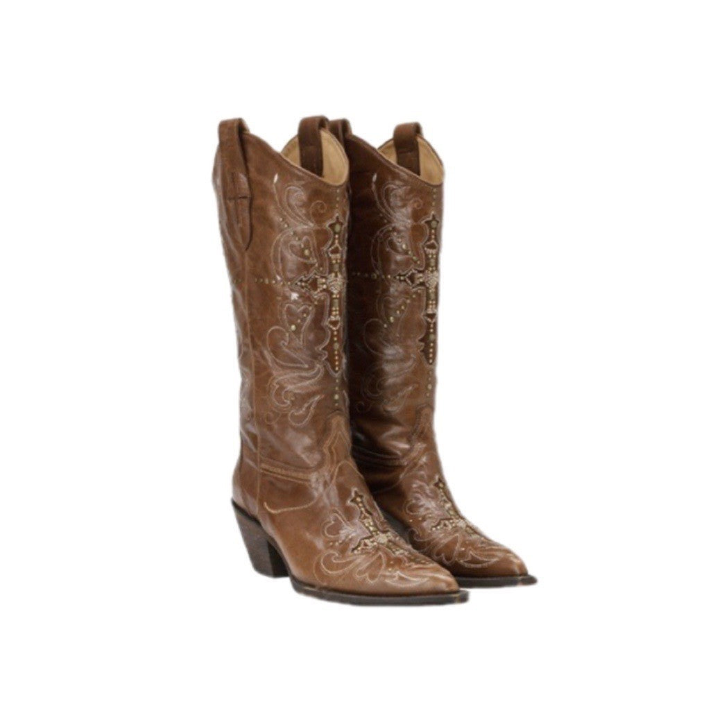 Women's Version Genuine Pointed Rivets Western Cowboy Embroidery Long Women's Leather Boots
