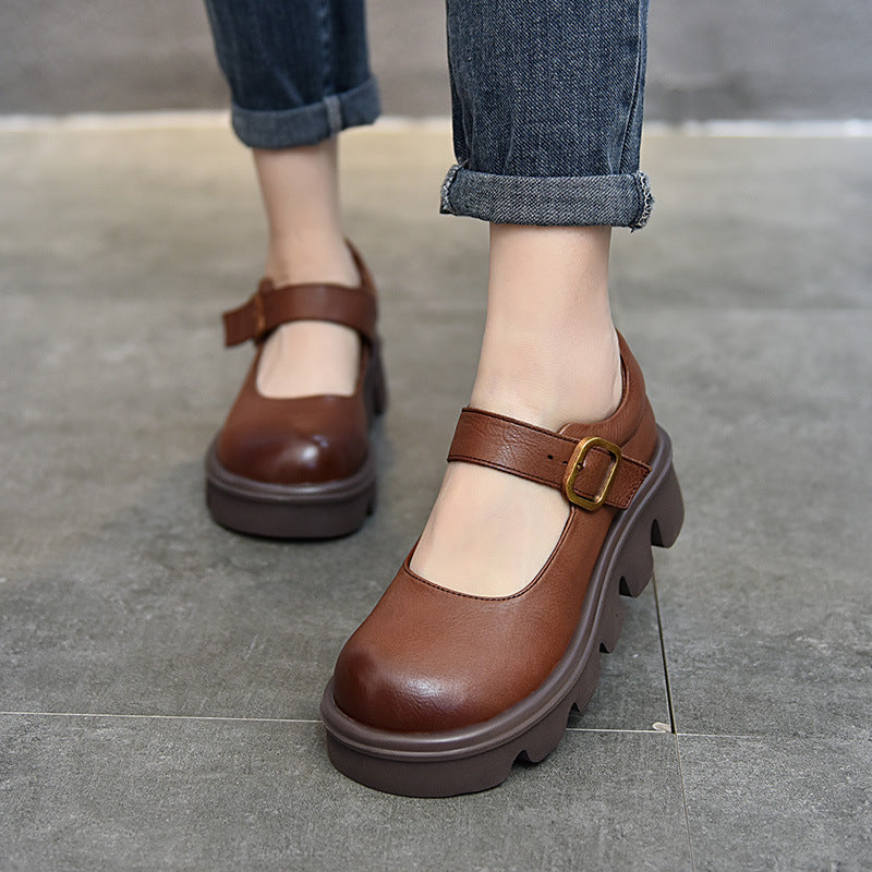 Shallow Mouth Cowhide Platform Female Round Toe Casual Shoes
