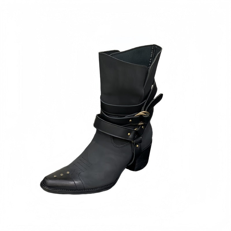 Women's Small Square Pointed Ankle Embroidery Western Cowboy Distressed Women's Leather Boots