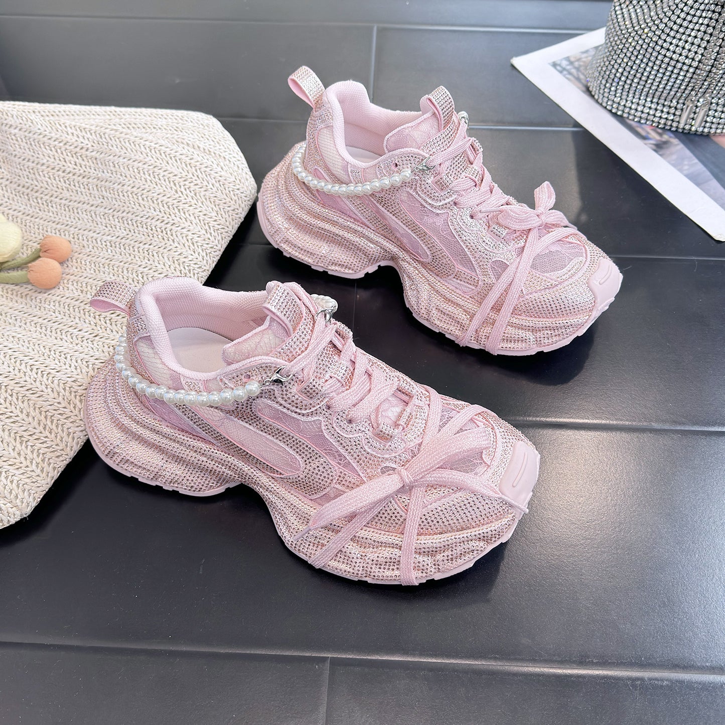 Women's Crystal Full Diamond Mesh Ice Feeling Breathable Type Dad Sneakers