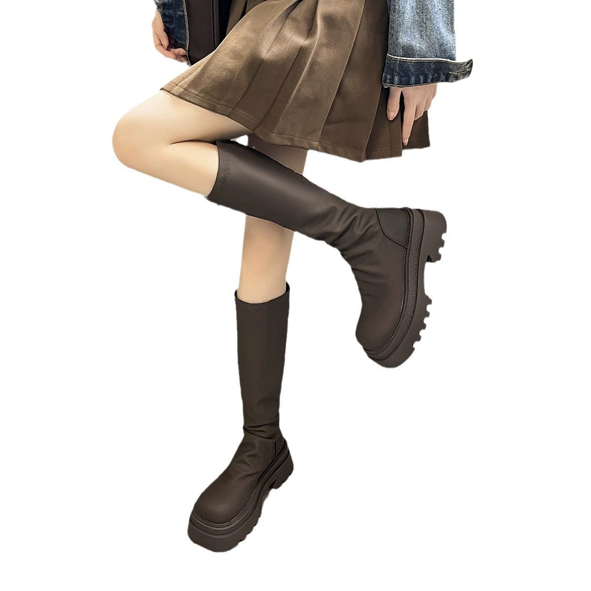 Fleece-lined Pleated Stretch Muffin Thick Bottom Thin Long Female Slimming Women's Leather Boots