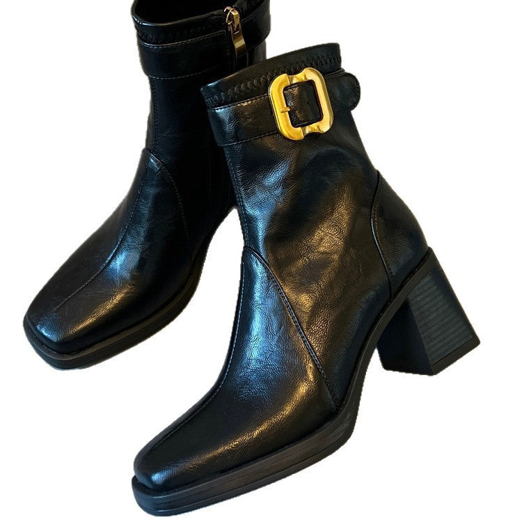 Women's Bottom Square Toe High Short Light Luxury Thick Thin Soft Heels