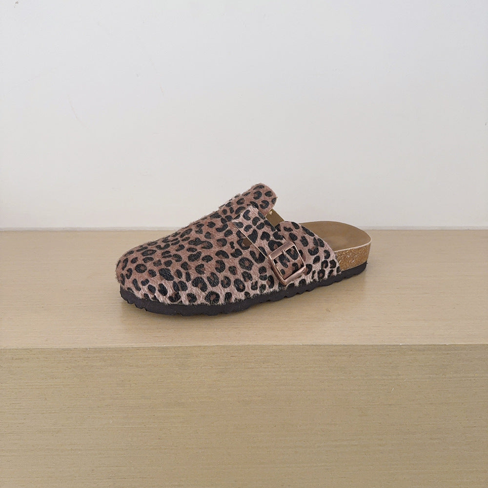 Women's Buckle Leopard Print Summer Closed Toe Half Support Slip-on Lofter Women's Casual Shoes