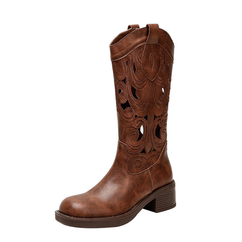Women's Cowboy V Cut Embroidered Hole Knight Summer Boots