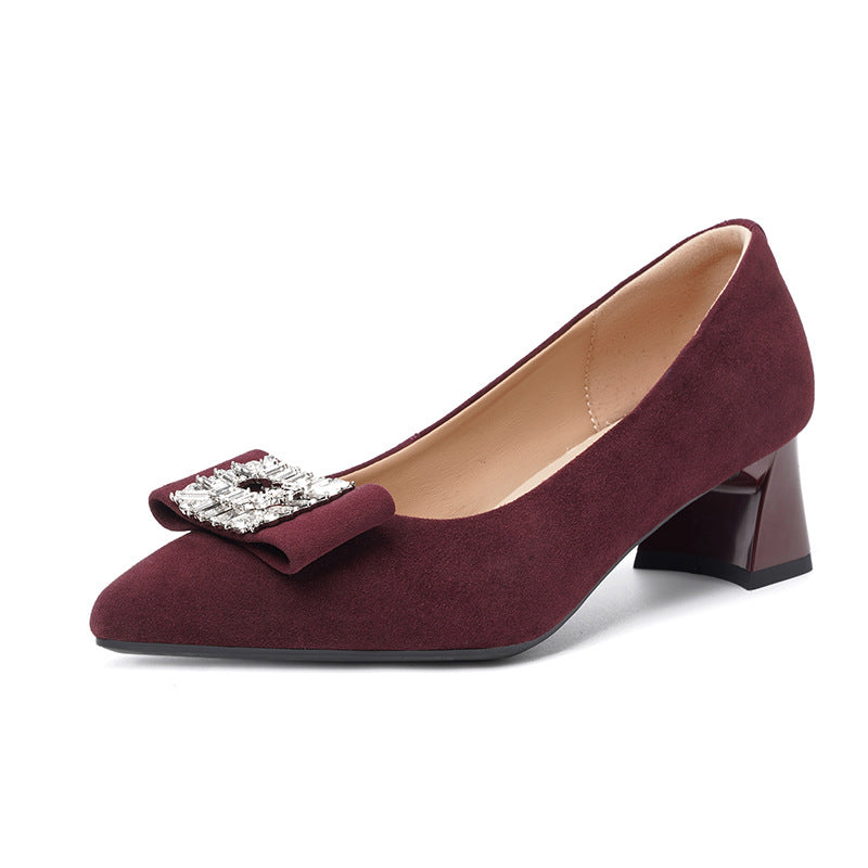 Women's Wedding Xi Wine Red High-grade Sheepskin Chunky Pointed Toe Rhinestone Women's Fashion Shoes