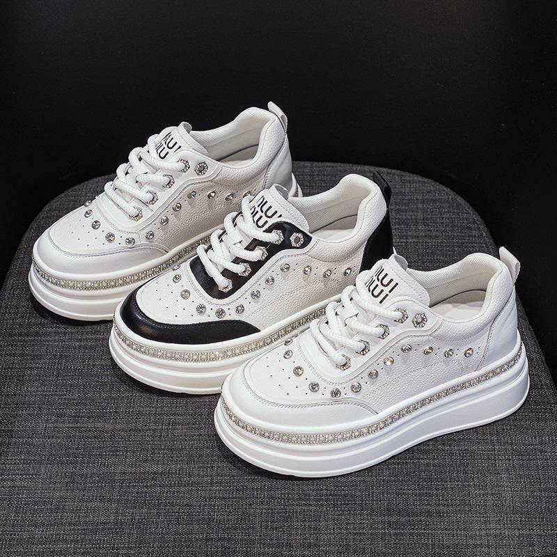 Thick Bottom White Platform Small Rhinestone Pearl Genuine Casual Shoes
