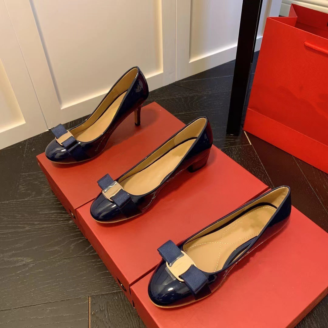 Spring Bowknot Round Toe Wedding Commuter Style Single Patent Women's Casual Shoes