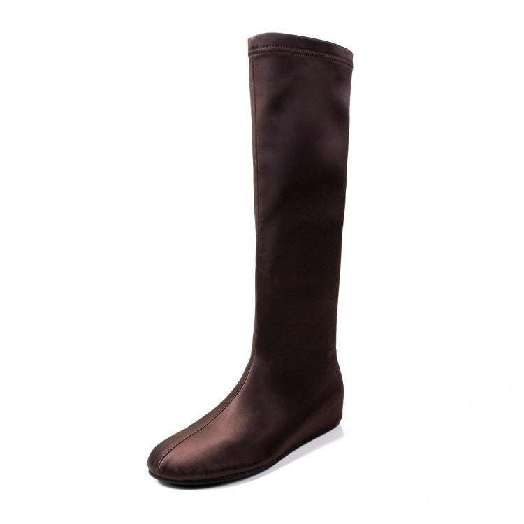 Women's Stretch Winter Cloth Round Head Solid Color Height Increasing Insole Women's Leather Boots