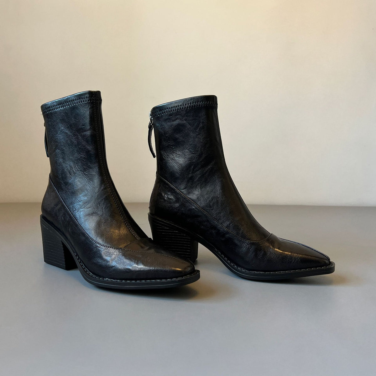 Women's French Retro Skinny High Chunky Ankle Back Zipper Stretch Boots