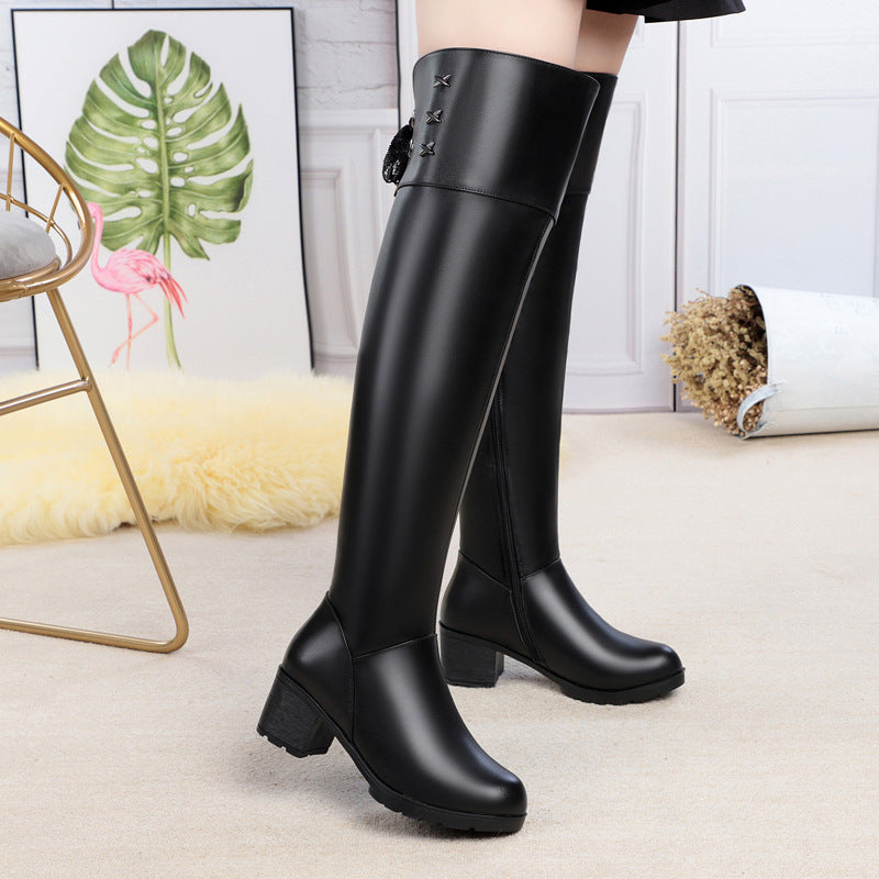 Women's Cowhide Over The Knee Mid Fleece-lined Heels