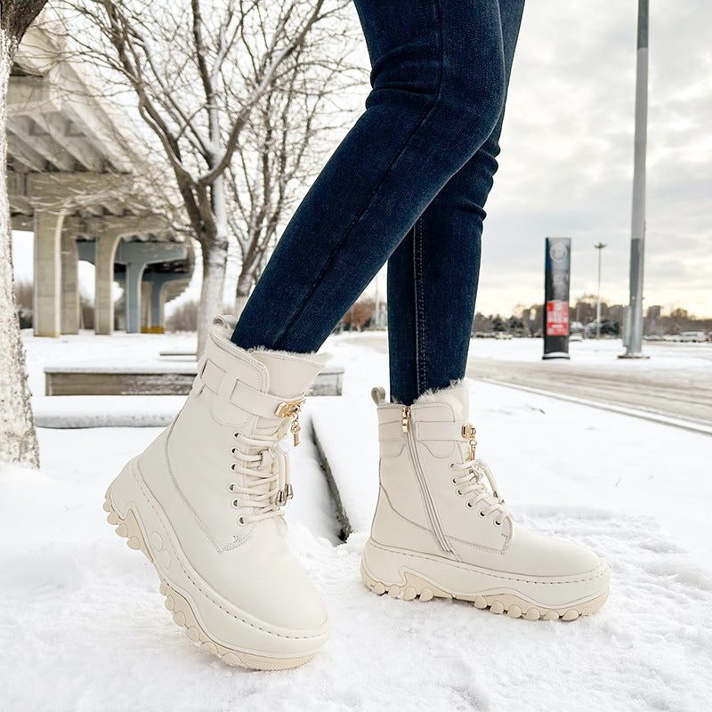 Women's Layer Cowhide Platform Fur Integrated Winter Thickened Boots