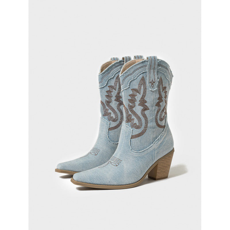 Knee-high Cowboy Contrast Color Pointed Plus Size Women's Leather Boots