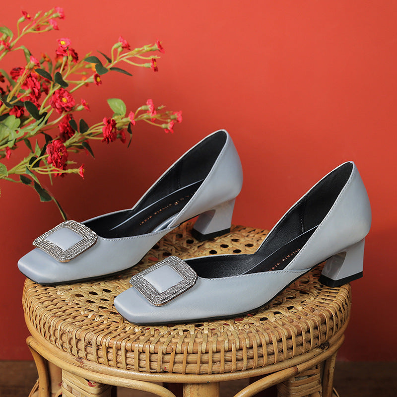 Women's Square Buckle High Thick Toe Mid Sheepskin Niche Women's Shoes