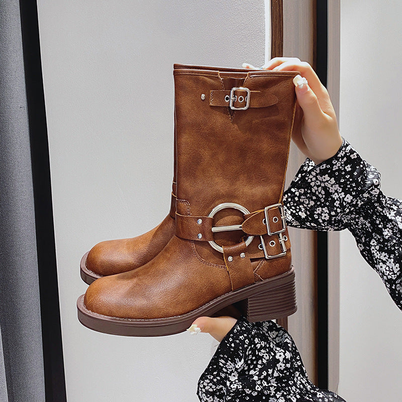 Women's Autumn British Style Brown Long Tube Western Women's Leather Boots