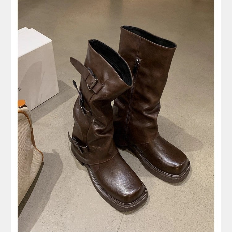 Mom Height Increasing Fashionable Belt Buckle Head Pleated Boots