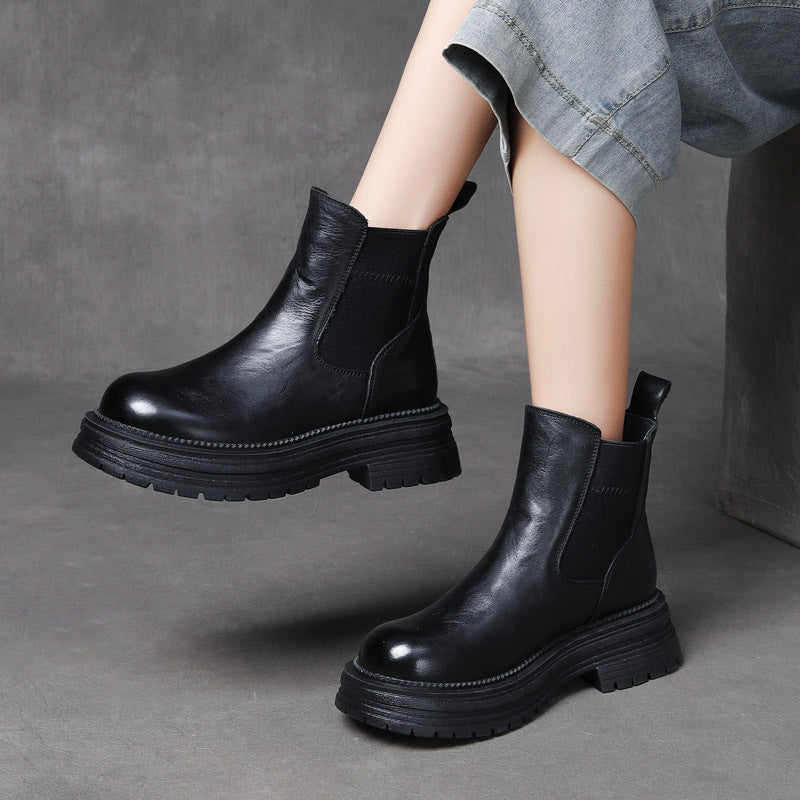 Women's Pattern Top Layer Cowhide Platform Thick Boots