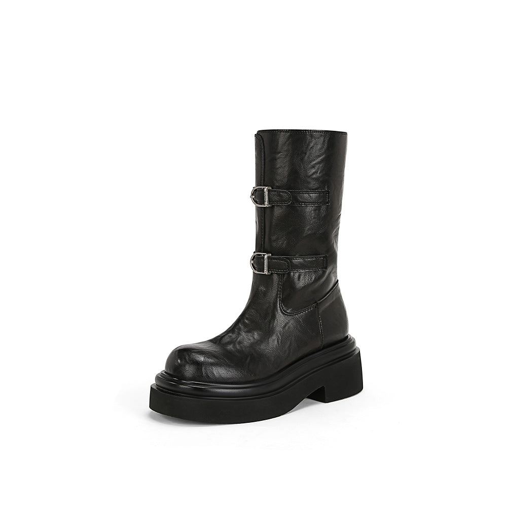 Women's Button Thick Bottom Motorcycle Tube Fleece Boots