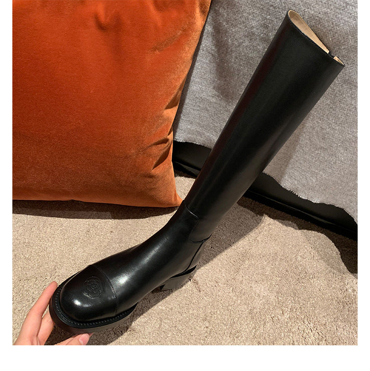 Women's Cowhide Version Winter Below The Knee Thin Thick Bottom Boots