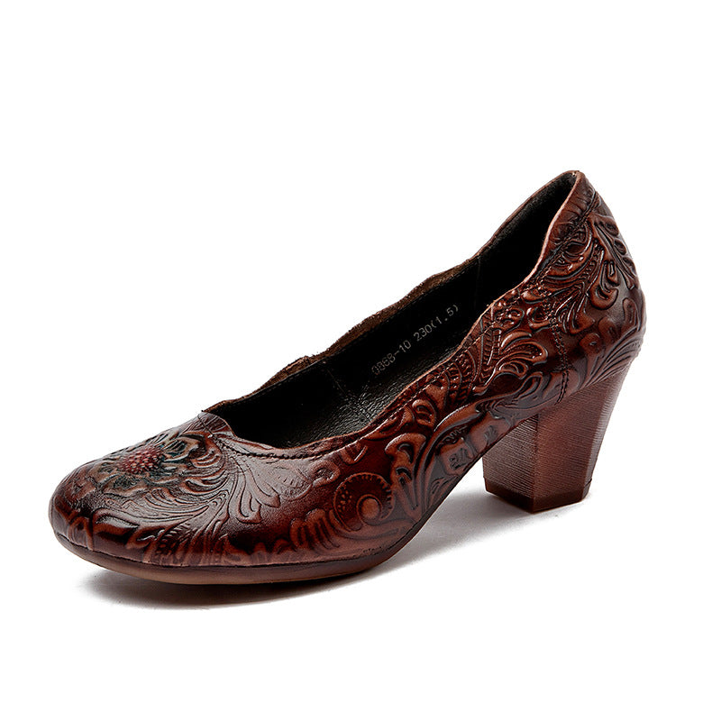Women's Handmade Retro Genuine First Layer Cowhide Round Head Comfortable Chunky Women's Casual Shoes