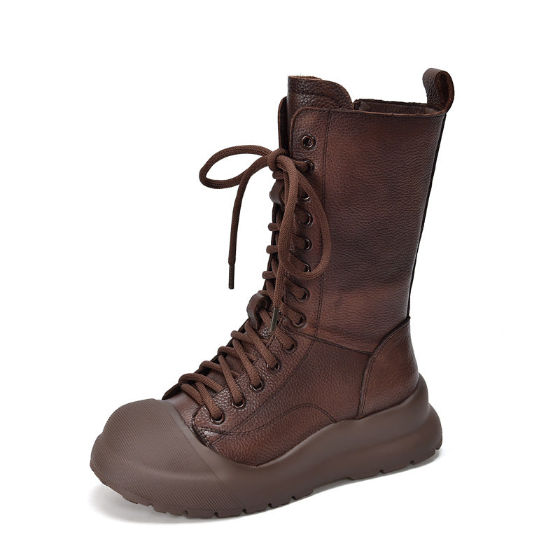 Retro Genuine Middle Tube Side Zipper Female Martin Thick Bottom Women's Leather Boots