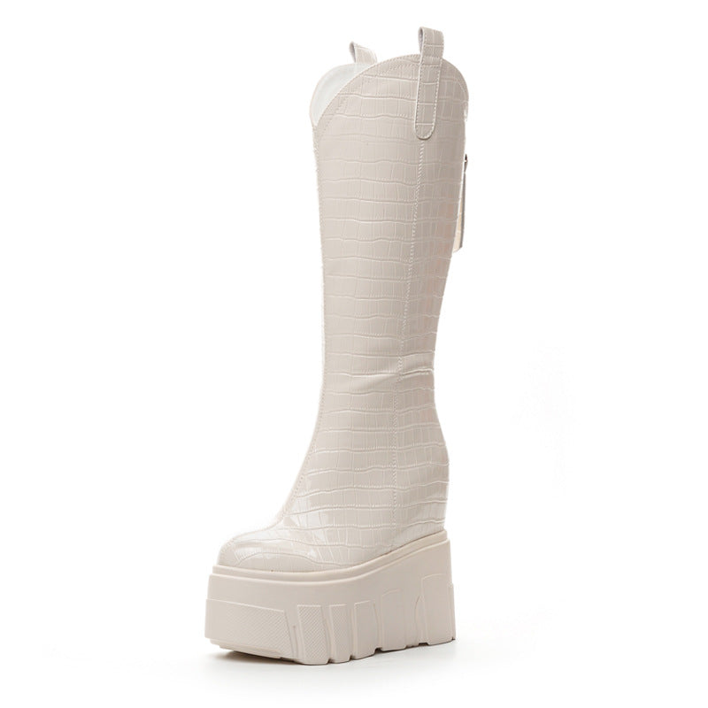 Women's High Solid Color Crocodile Pattern Super Wedge Boots