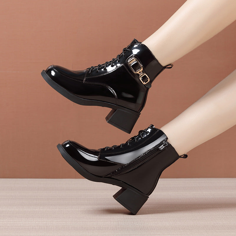 Women's British Style Chunky Martin Fleece-lined Cotton Heels