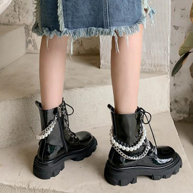 Women's Black Martin Pearl Chain Cool Patent Boots
