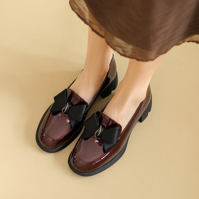Women's Round Toe Mid Bow Chunky High Black Women's Shoes