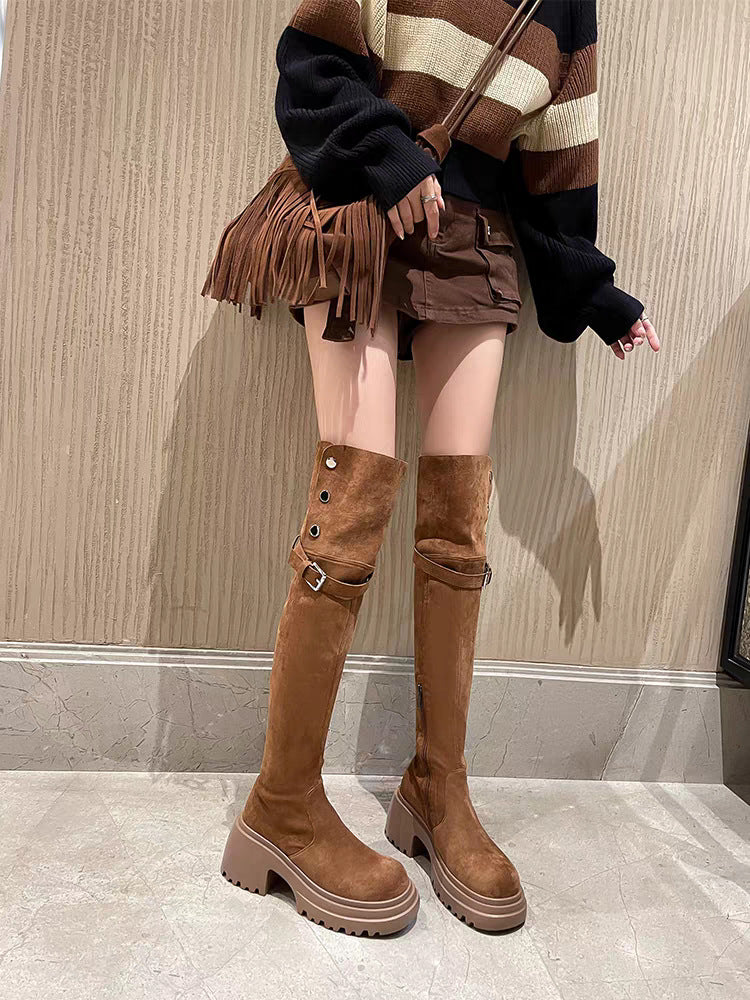 Women's Knee-high Fleece-lined Over The Knee Brown Thick Women's Leather Boots