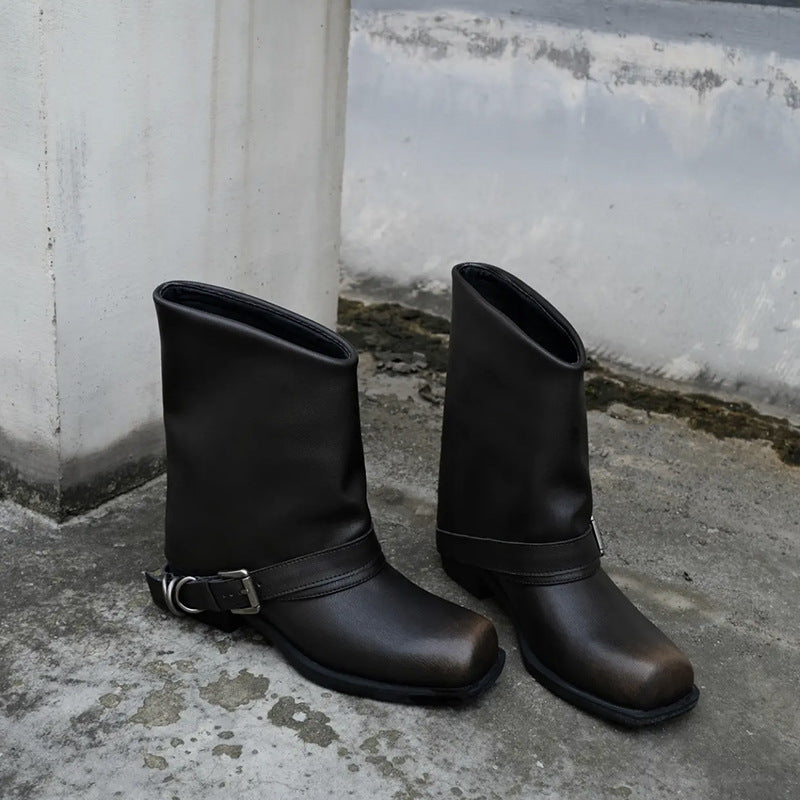 Colored Martin Female Square Toe Distressed Metal Boots
