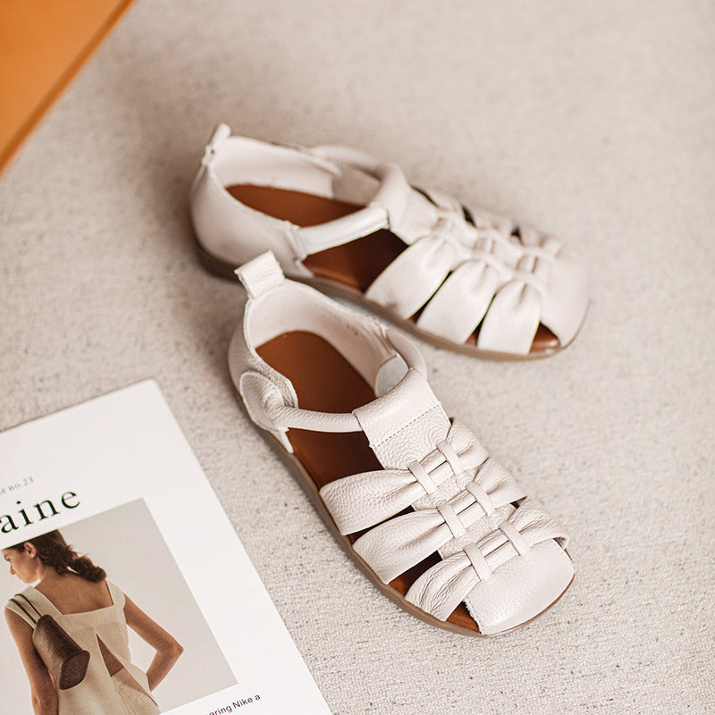 Women's Retro First Layer Cowhide Round Toe Sandals