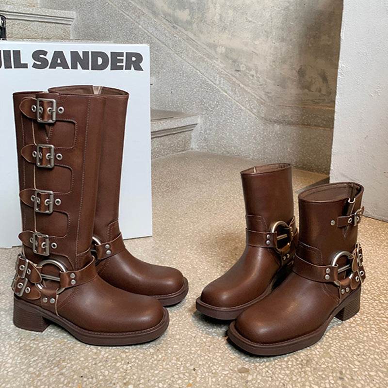 Women's Retro Round Head Ankle Ring Chunky Boots