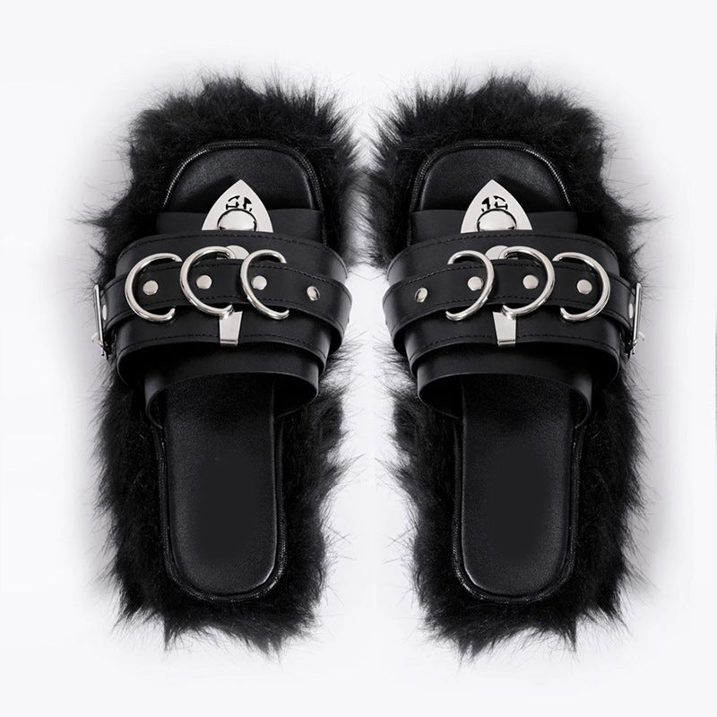 Women's Outdoor Summer Metal Punk Asian Culture Fur Slippers