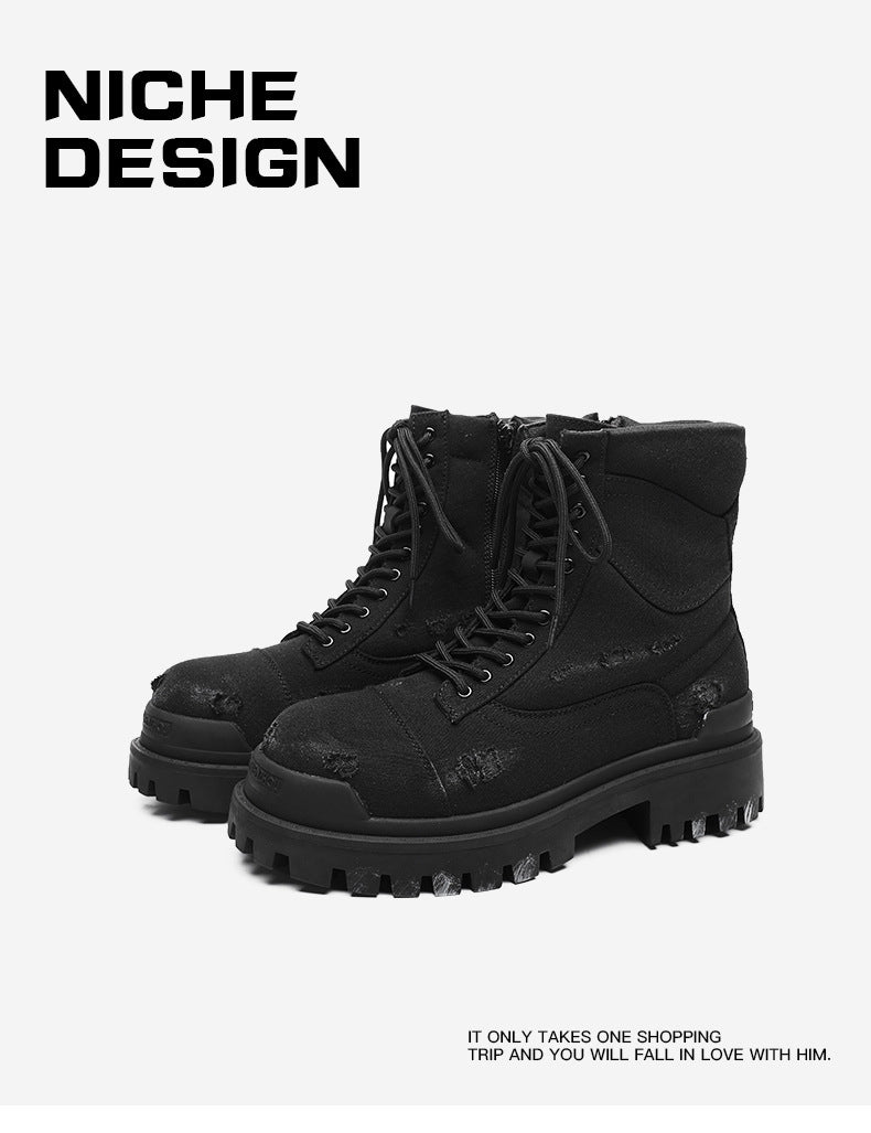 Men's Elevator Style Black Retro Big Ripped Boots