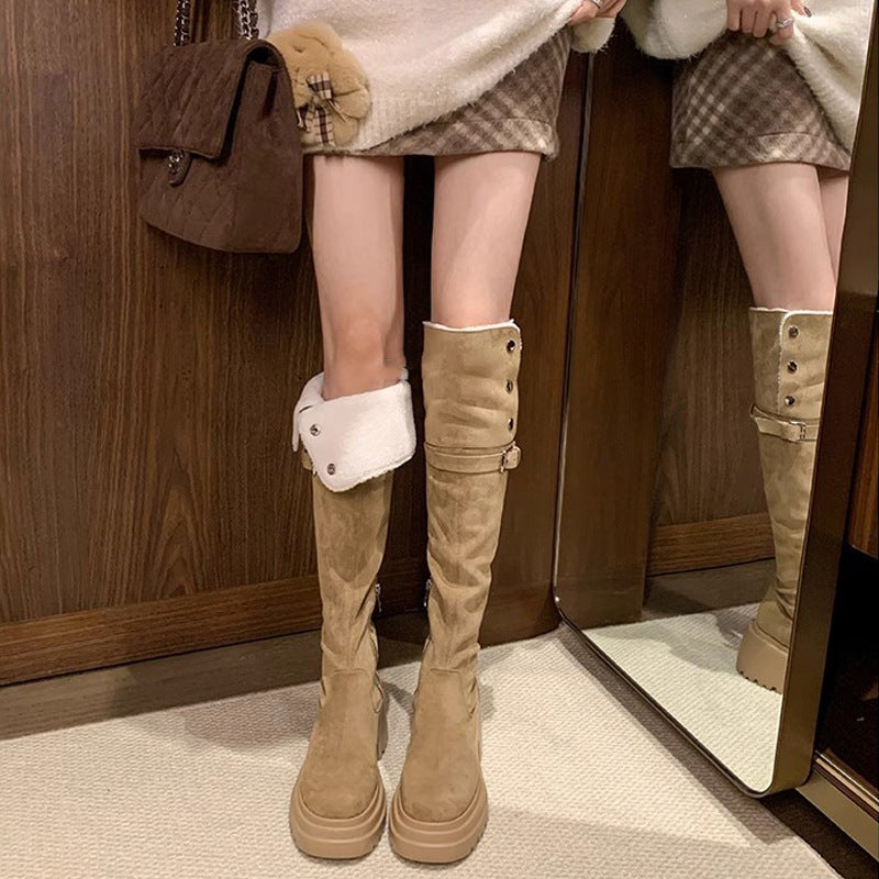 Bottom Lamb Fur Chunky High Over The Knee Elastic Boots