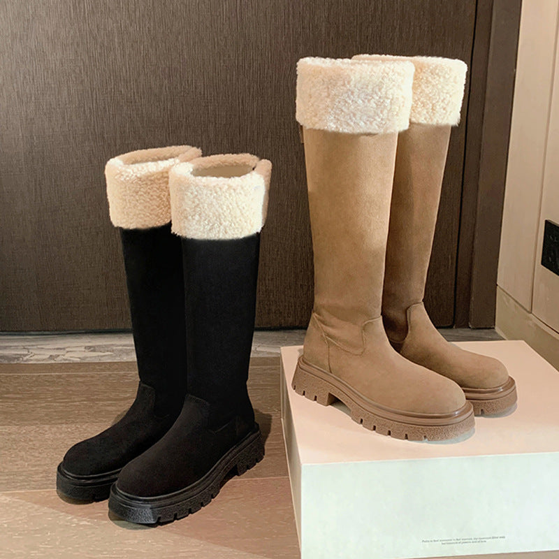 Women's Height Increasing Warm Hair Turning Plus Veet Tube Chunky Suede Women's Leather Boots