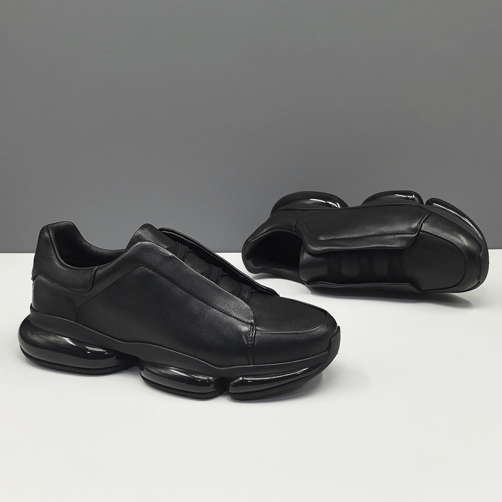 Men's Layer Cowhide Black Platform Fashion Slip-on Casual Shoes